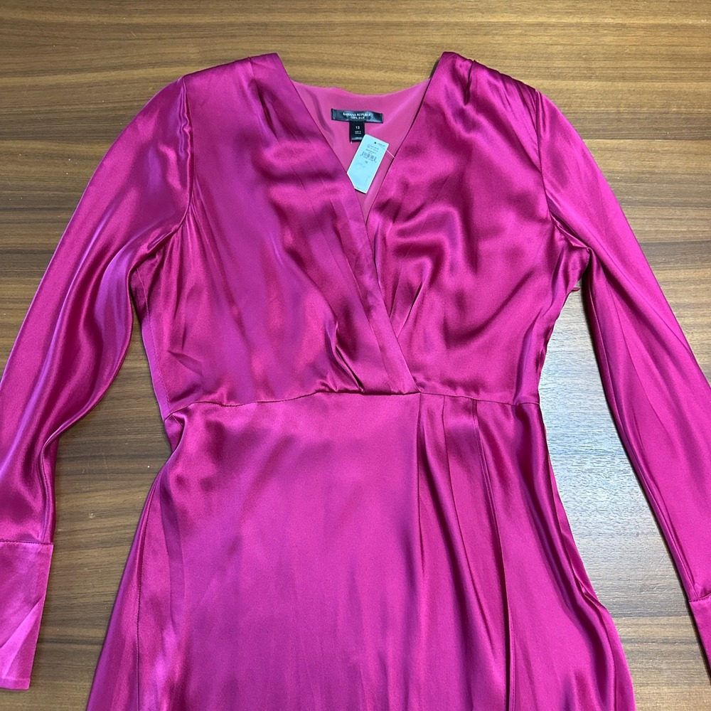 Banana Republic 100% Silk Maxi Dress Berry Pink Long Sleeve Wedding Guest NWT 12 - Picture 5 of 11